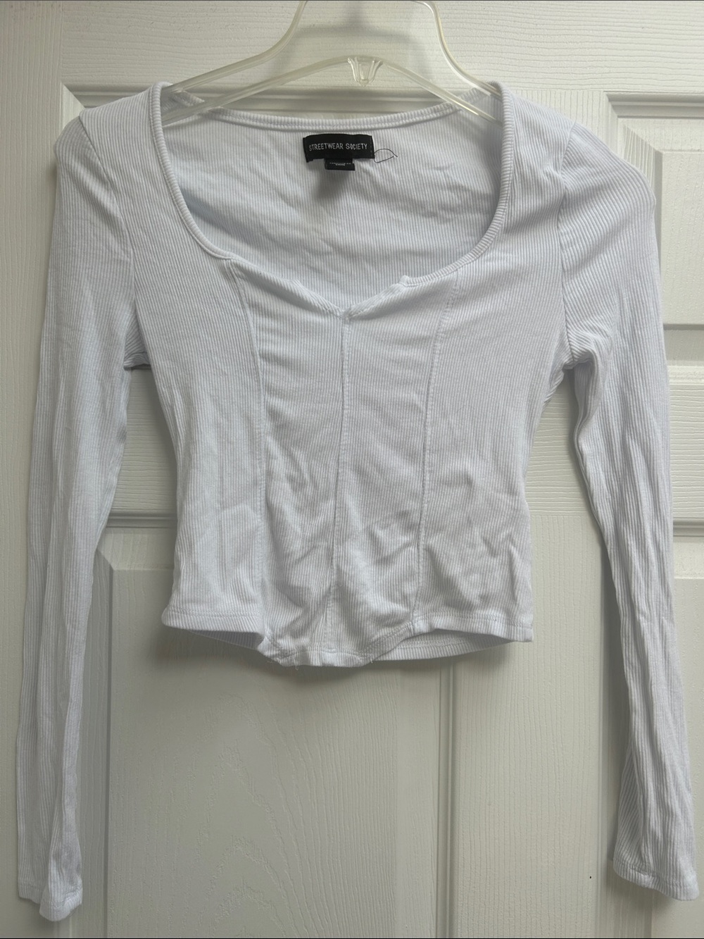 Streetwear Society White Ribbed Scoop-Neck Long Sleeve Top